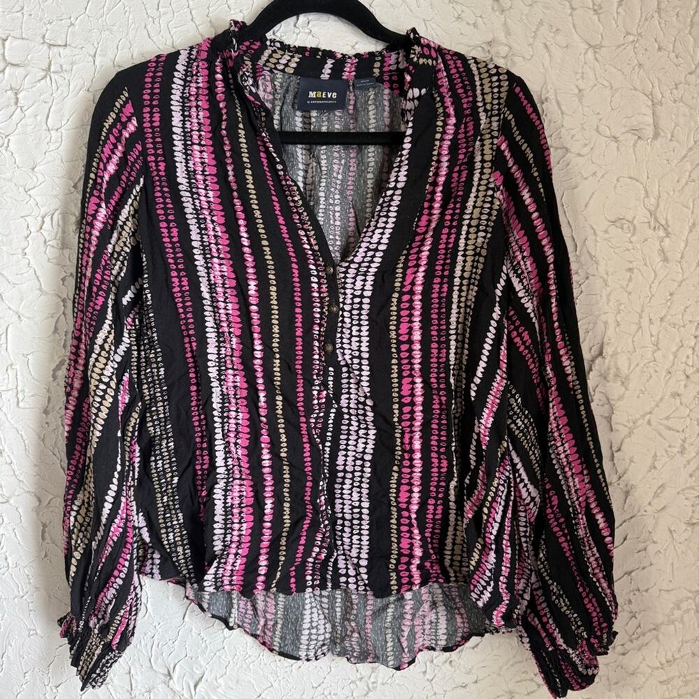 Maeve by Anthropologie Black and Pink Striped Blouse